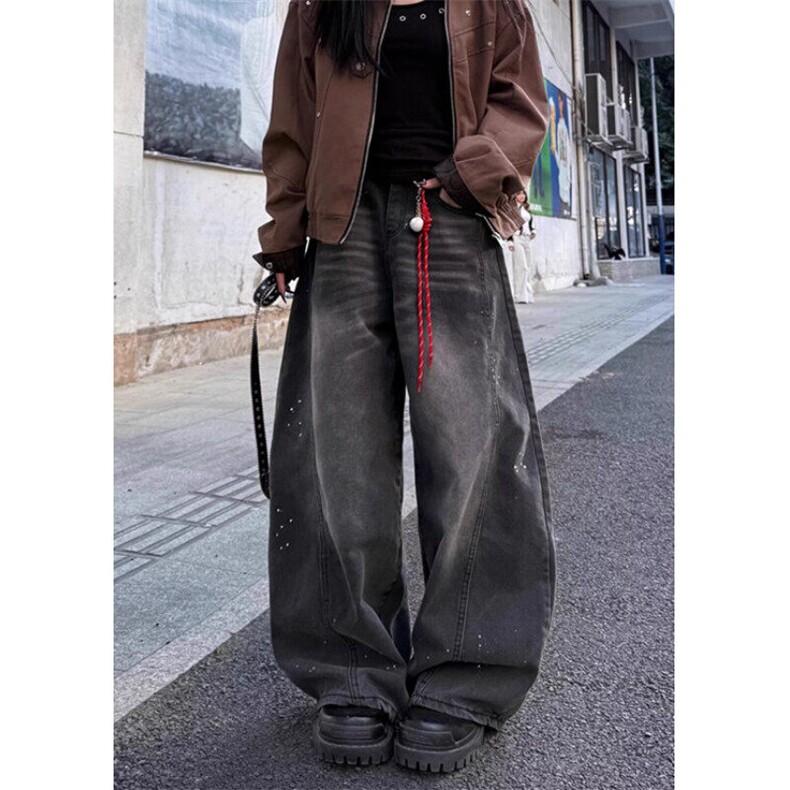 复古腰头拼接弯刀牛仔裤男女秋冬宽松松弛感阔腿直筒长裤子 N6097图片