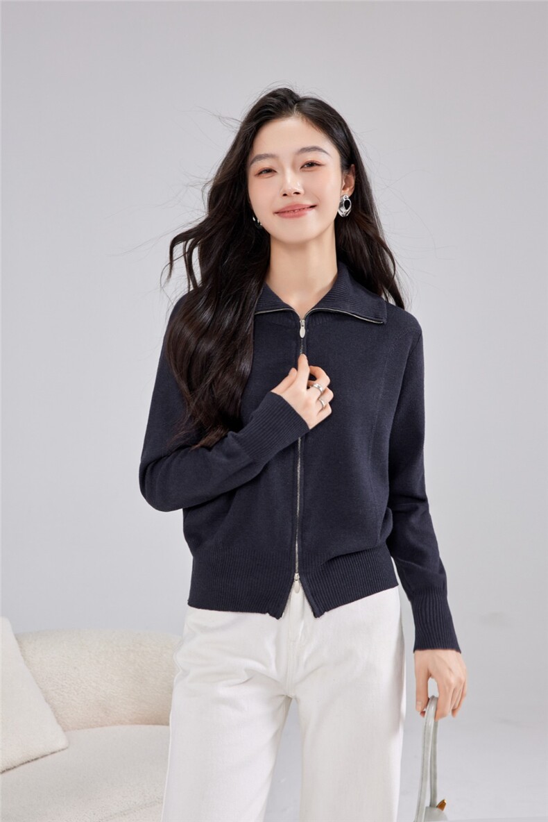 2025秋冬百搭时尚简约v领拉链开衫，女装针织衫/毛衣，雅之冉羊绒