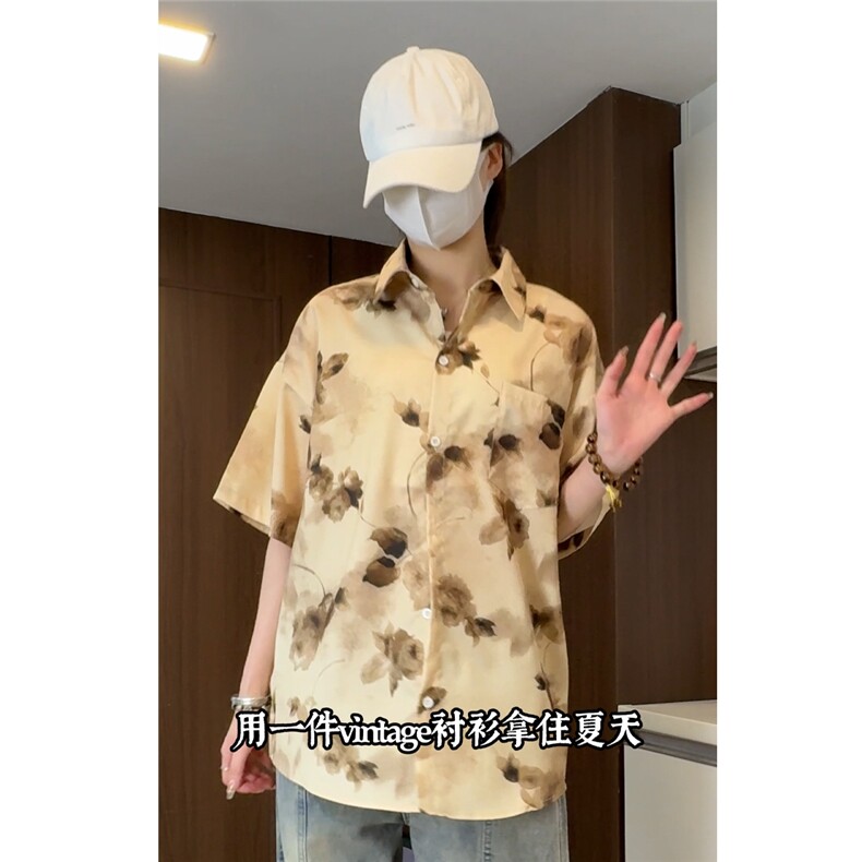 控价59扎染花衬衫水墨印花风衬衫多色宽松短袖衬衫CS892P30,男装衬衫,电商A128