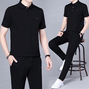 休闲运动套装男夏季新款上衣方领短袖t恤休闲长裤子两件套,男装休闲套装,电商B212（原钱塘6029）