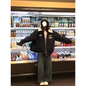 网络图现货美式潮牌羊羔绒翻领加绒加厚慵懒情侣棒球服JM801-P65