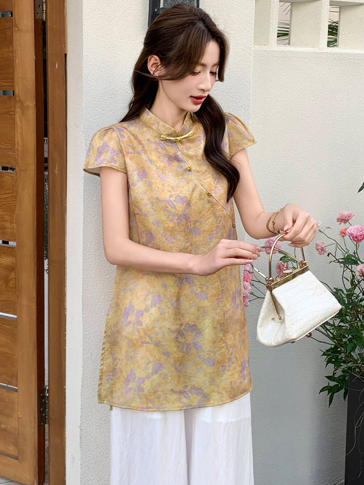 新中式g风套装女2026夏季流行复古印花盘扣旗袍上衣阔腿裤两件套,女装套装/套裙,超帛