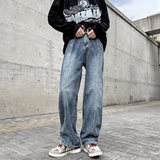 高街vibe潮牌牛仔裤男水洗做旧复古阔腿直筒裤美式裤子N1735-p40，男装牛仔裤，星座1008-1