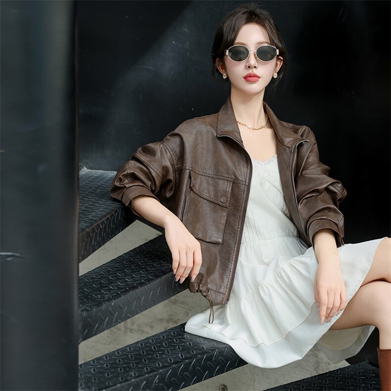 海宁皮衣女真皮2025年秋季新款爆款时尚宽松绵羊皮高端皮夹克外套,女装皮衣,简古