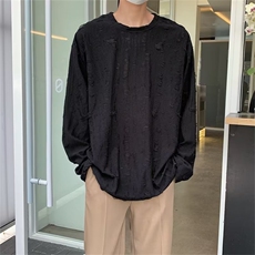 小众设计圆领破洞长袖男女复古做旧上衣禁欲系打底T恤t063P38，男装T恤，星座1013-1