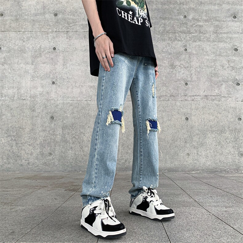 美式高街破洞补丁直筒牛仔裤潮流宽松休闲裤A161-S2336-P58,男装牛仔裤,电商A161