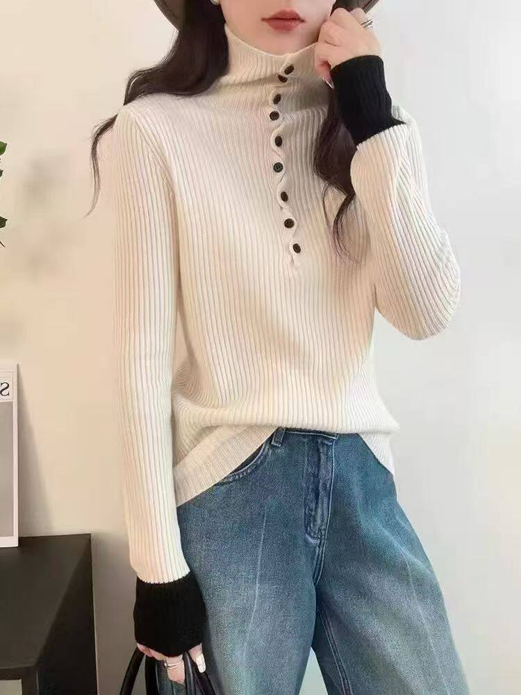 2025年秋季时尚百搭通勤简约休闲拼接半高领，女装针织衫/毛衣，源达羊绒