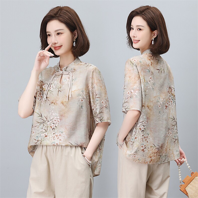 2024年夏季复古花色文艺盘口时尚休闲小衫，女装蕾丝衫/雪纺衫，依恋蒂丝