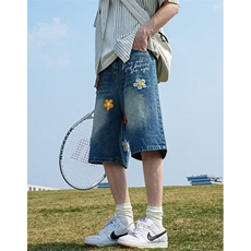 潮小花刺绣贴布五分牛仔短裤夏季2025新款美式宽松中裤D3557，男装牛仔裤，星座1116A（原606A-3）