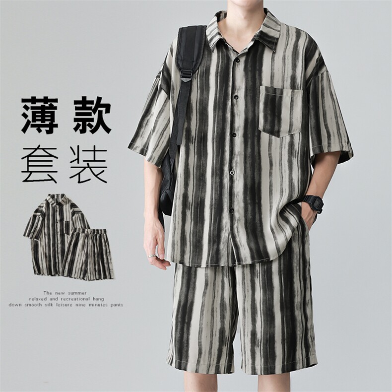夏新中式条纹水墨印花冰丝凉感男短袖衬衫短裤两件套装TZ083-P60图片