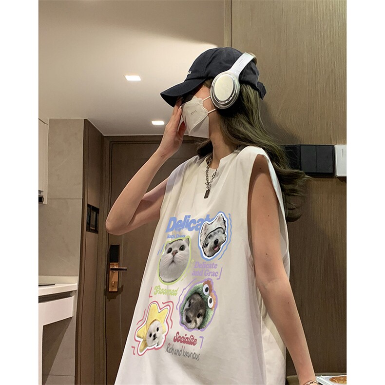 美式无袖T恤男夏季薄款慵懒风小猫咪印花背心青少年运动大码坎肩，男装背心/马甲，电商A102B