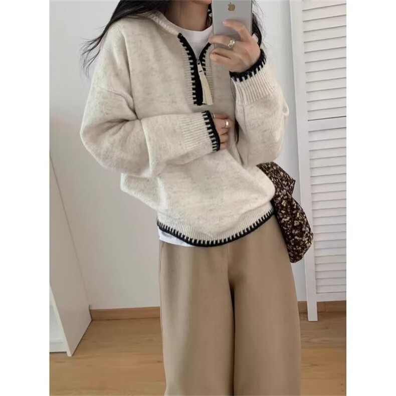 H2310-P63欧洲站2025秋冬新款女潮懒散风宽松颗粒绒半拉链连帽,男装卫衣,电商B323A