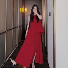 红色不规则拼接法式连衣裙2025新款女初夏假两件高级感小众背心裙，女装套装/套裙，2C137