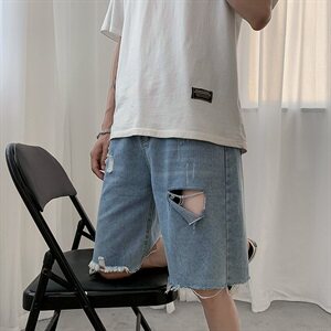 20夏季牛仔短裤 五分裤 热裤中裤中性男女毛边破洞中裤D图片
