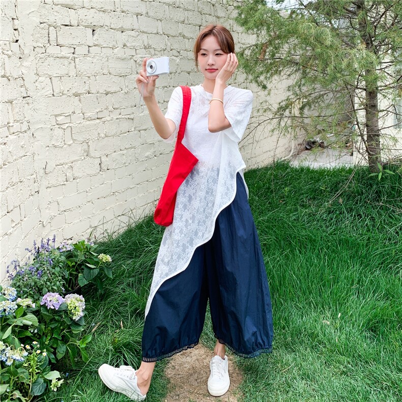 夏季阔腿裤蕾丝短袖衫时尚两件套女图片