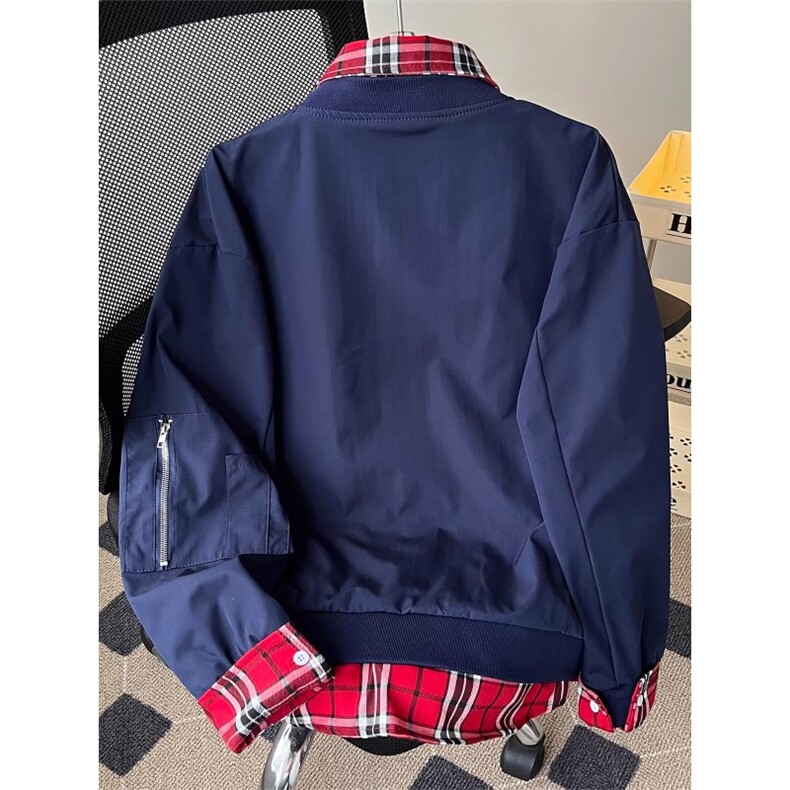 小众格子拼接假两件外套男秋复古工装飞行员夹克棒球服HH8561P70,男装夹克,星座1013-5