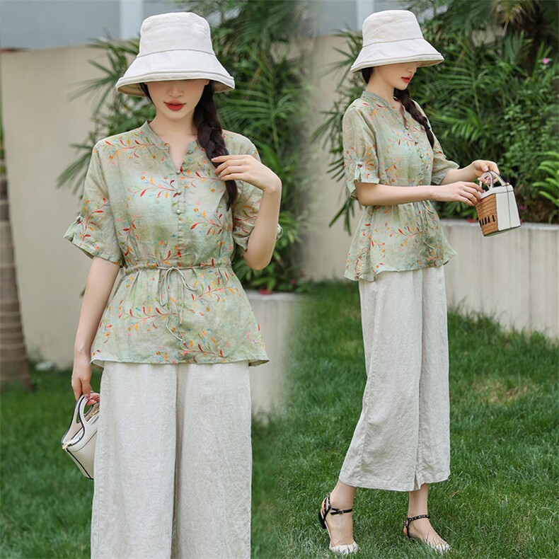 高端苎麻上衣+亚麻裤子2024新款夏装中年妈妈棉麻女装，女装大码女装，凝聚力