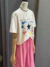 高级感时尚潮流套装女夏新款宽松圆领星星印花上衣工装长裤两件套，女装套装/套裙，江南