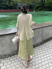 长袖衬衫针织吊带连衣裙女夏两件套2024新韩版时尚圆领套头长裙子，女装套装/套裙，鑫慧
