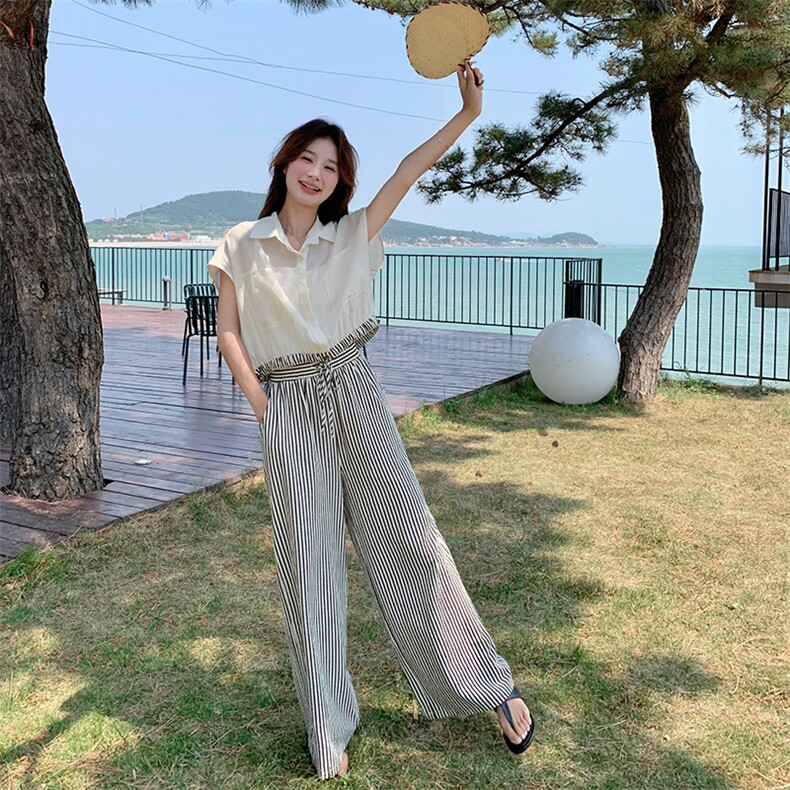 轻熟风休闲减龄衬衫套装女夏季2024新款条纹高腰阔腿裤气质两件套,女装套装/套裙,2C135