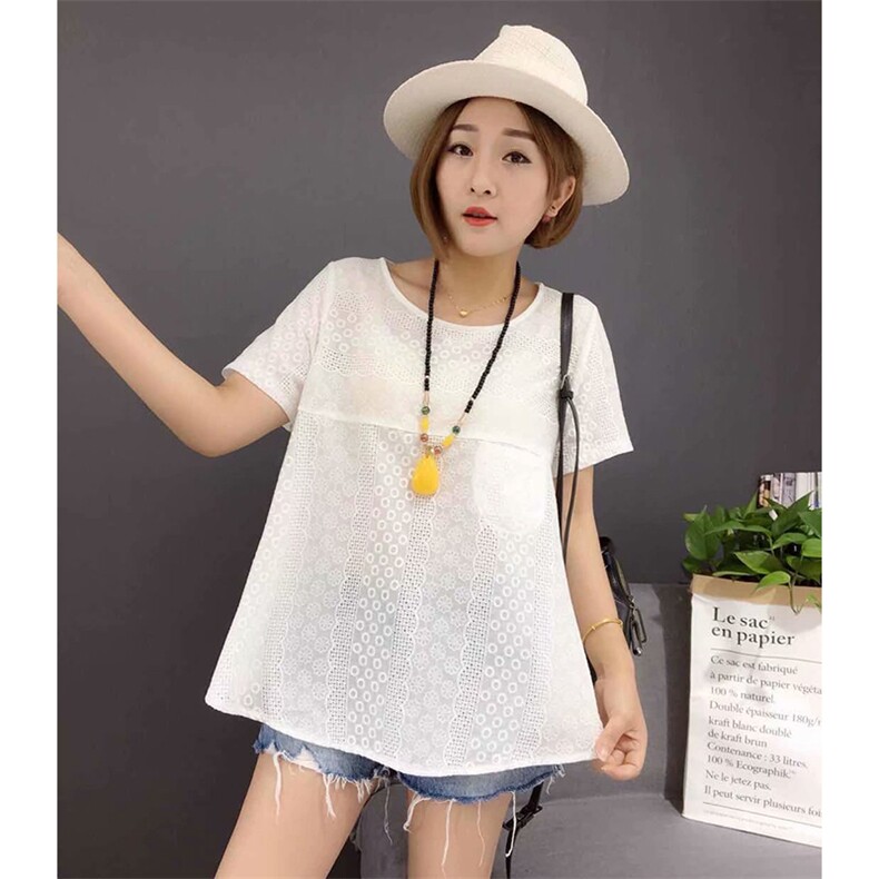 2021年夏季蕾丝衫/雪纺衫修身圆领短袖套头收腰上衣，女装蕾丝衫/雪纺衫，深水步