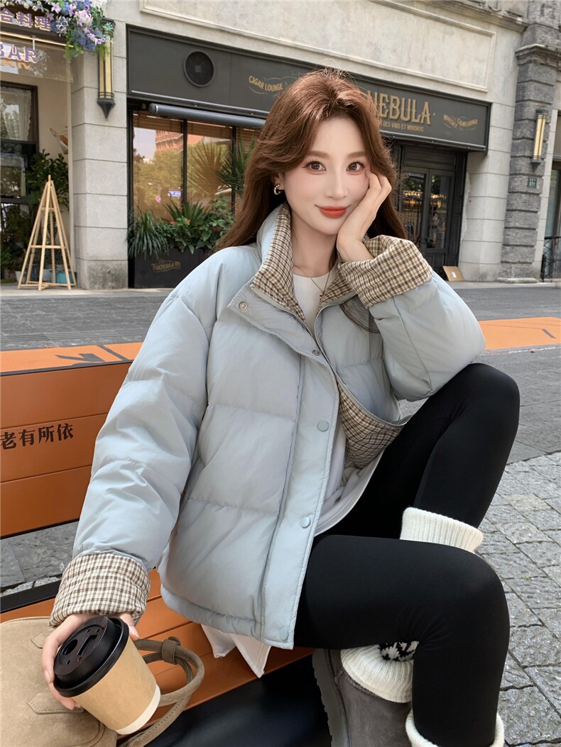 现货新款韩版宽松立领撞色格子袖口羽绒服短款外套百搭洋气,女装羽绒服,韩然一族