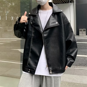 档口有货机车皮衣夹克男秋季宽松外穿翻领外套潮PY26P65加绒P80