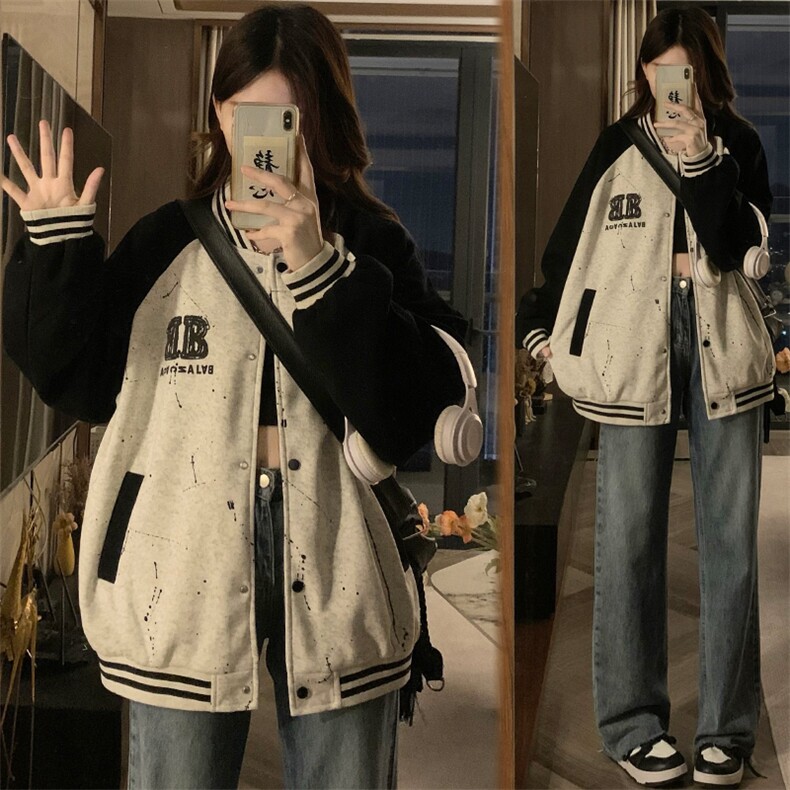 高端泼墨工艺棒球服春秋新款2024学生洋气外套秋季衣服C824-P98，女装职业装，星座911-2(原星座613-2）