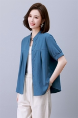 时尚棉麻短袖上衣女宽松显瘦百搭气质V领衬衫，女装衬衫，依恋蒂丝