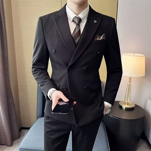 意式双排扣西服套装男士戗驳领黑色商务婚礼宴会西装外套图片