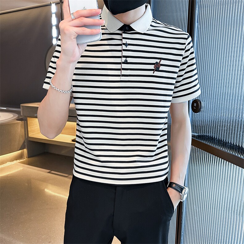 经典条纹翻领T恤短袖Polo衫弹力时尚高级感上衣T0270-P50,男装T恤,电商D342
