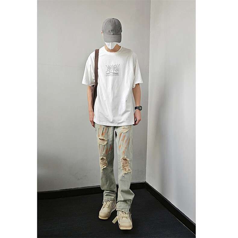 B221美式ins高街暗黑小众拉链喷墨破洞牛仔裤LK23085-P65控88,男装牛仔裤,电商B221