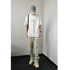 B221美式ins高街暗黑小众拉链喷墨破洞牛仔裤LK23085-P65控88，男装牛仔裤，电商B221