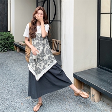 韩版复古刺绣松弛感连衣裙T恤两件套女2025年夏季新款高级感套装，女装连衣裙，2C258