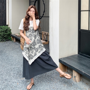 韩版复古刺绣松弛感连衣裙T恤两件套女2025年夏季新款高级感套装图片