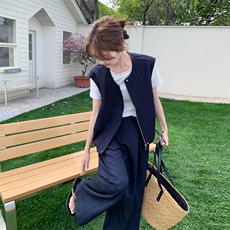 休闲马甲女夏季新款小香风减龄阔腿裤T恤三件套，女装套装/套裙，秀美人生