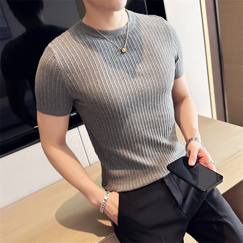 针织衫毛衣男 M22/p45春夏季短袖修身圆领条纹纯色打底衫线衣图片