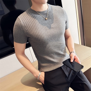 针织衫毛衣男 M22/p45春夏季短袖修身圆领条纹纯色打底衫线衣图片