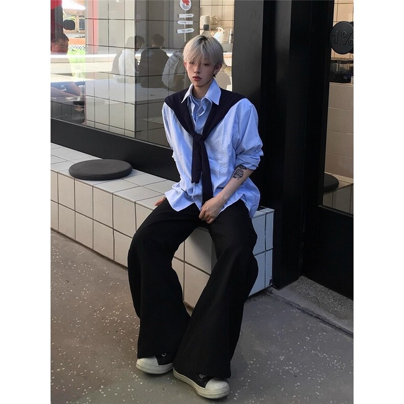 网图Cleanfit氛围感假两件针织披肩条纹衬衫W1711/特P62,男装衬衫,电商B350