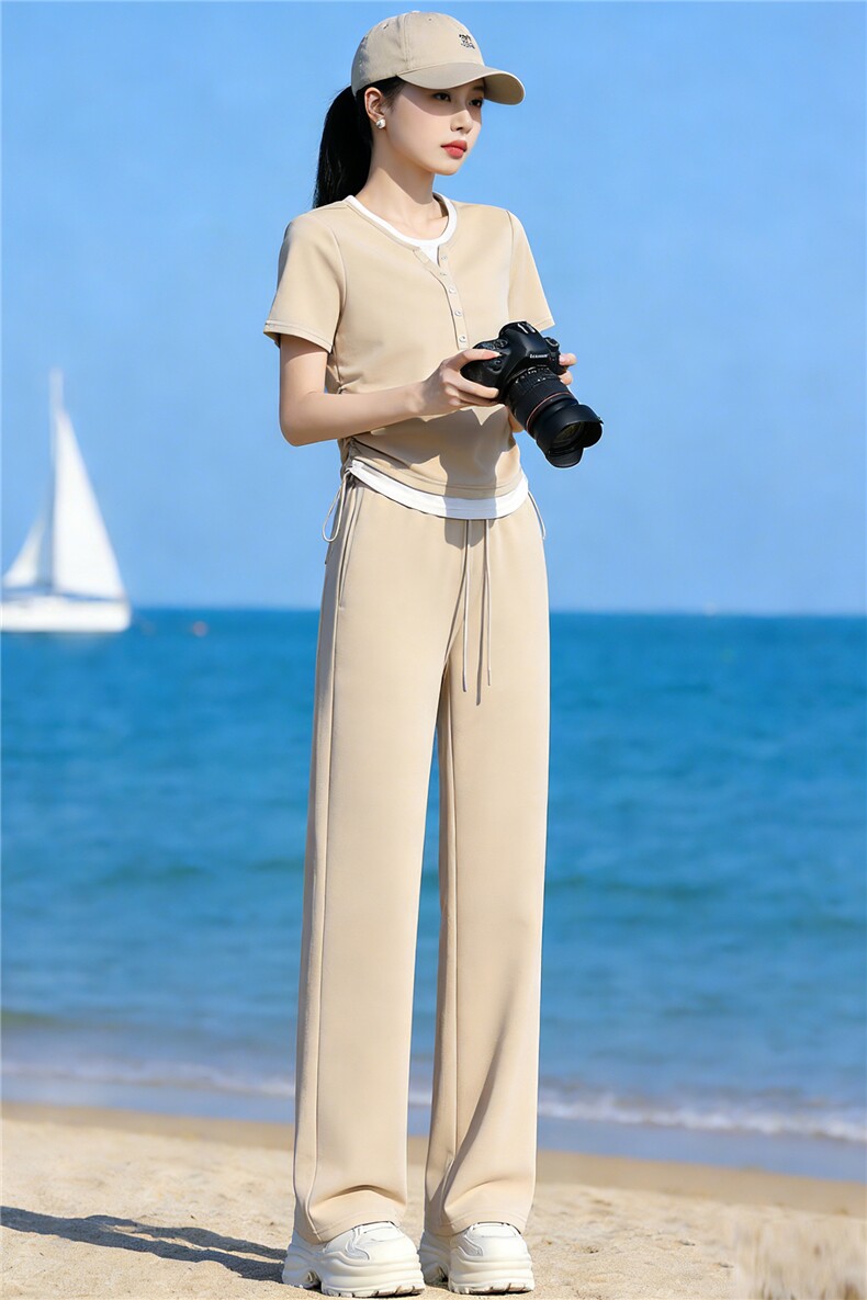 高品质时尚气质减龄套装女夏季新款拼接假两件上衣阔腿长裤两件套,女装套装/套裙,江南