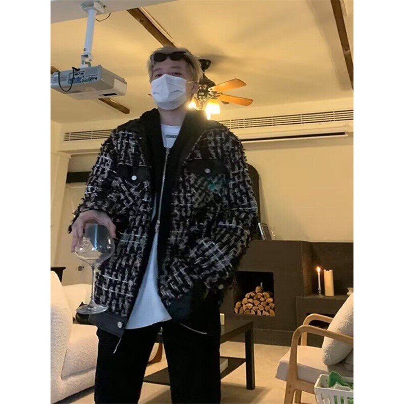 W9543-P68网图现货春季新款千鸟格纹拼皮夹克高级感外套上衣,男装夹克,星座1608-2