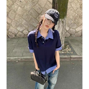 得物抖音高品质二开 夏季美式潮牌高街假两件格子衬衣翻领短袖T恤图片