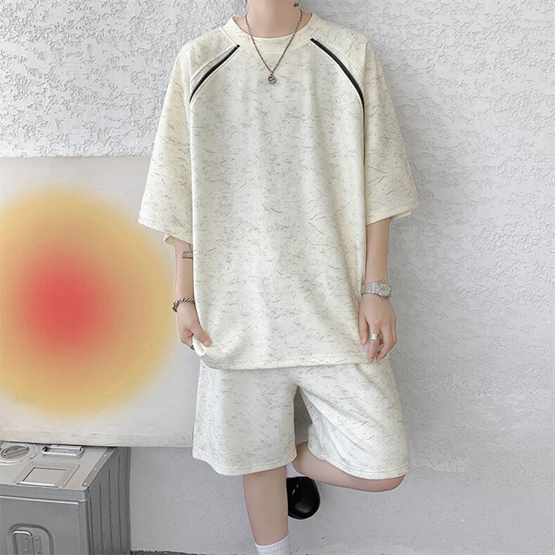 TZ781-特P55控98夏季T恤半拉链扎染冰感冰丝大码短袖短裤套装,男装休闲套装,电商A059