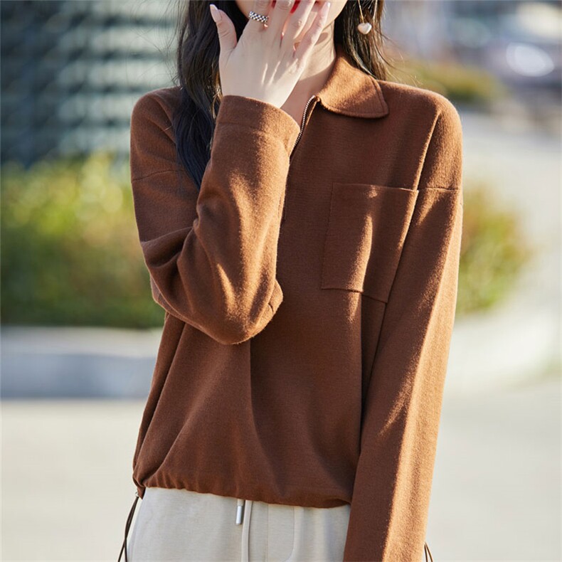 POLO领精纺羊毛长袖针织衫毛衣女春秋半开拉链抽绳卫衣宽松打底衫,女装羊毛衫,暖烁羊绒