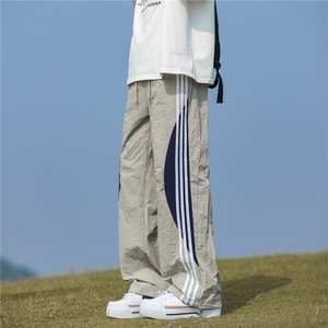 港风夏款男裤褶皱速干裤三条杠拼色抽绳束脚长裤h2200 P40图片