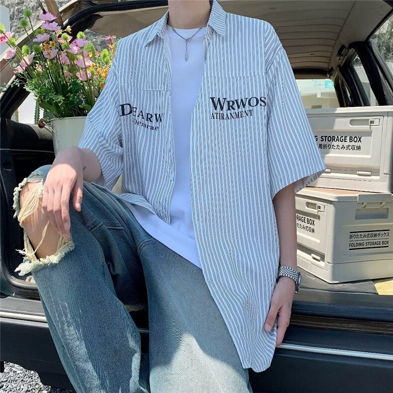条纹短袖衬衫男夏季潮牌高级感痞帅衬衣外套宽松大码五分袖上衣服,男装衬衫,星座1013