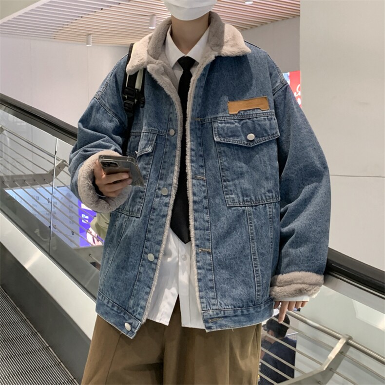冬季新款加绒牛仔夹克厚外套韩版潮流宽松羊羔毛棉服男W6367-P80,男装棉衣,星座512-2