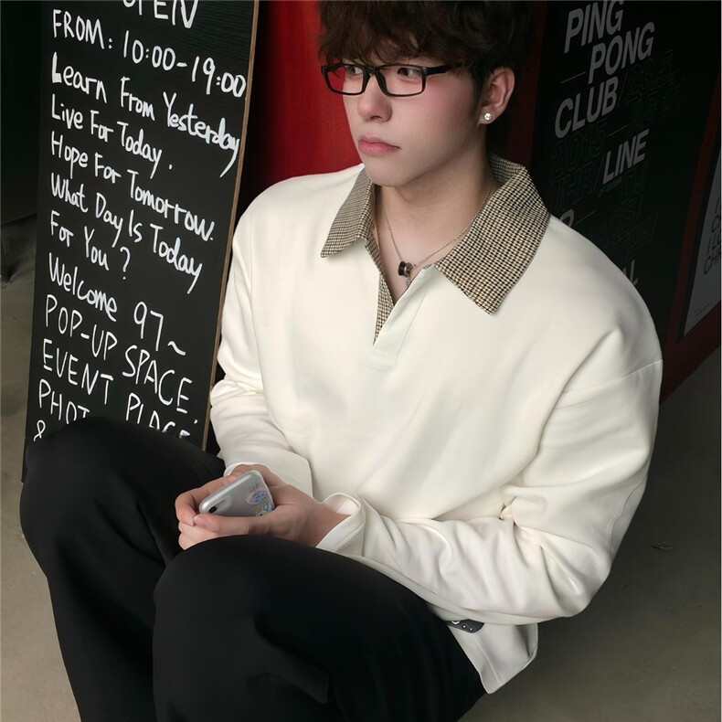 美式正肩长袖polo衫男款春秋季重磅翻领t恤学院风高级感内搭卫衣，男装T恤，星座715-4