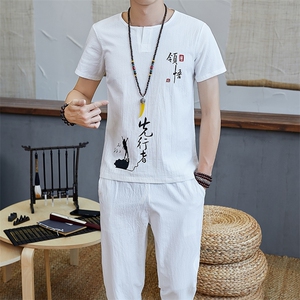 夏季风棉麻套装男短袖T恤唐装潮流汉服复古休闲套装TZ023图片