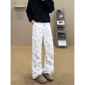 B221美式ins高街宽松直筒印花工装牛仔裤LK25459-特P50控88图片